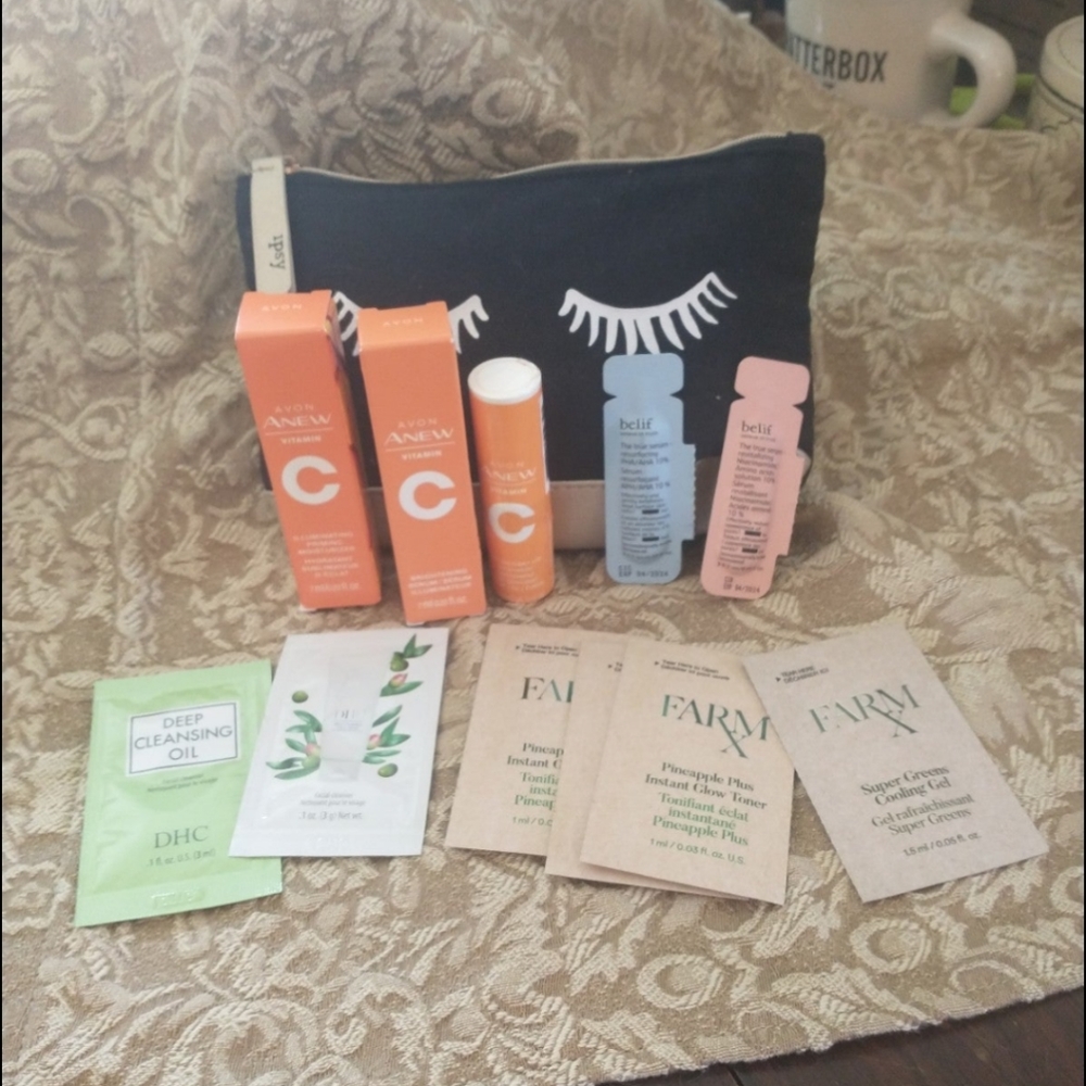 Vitamin C Clarifying, Brightening Sample Bundle:  Avon, DHC with Ipsy bag